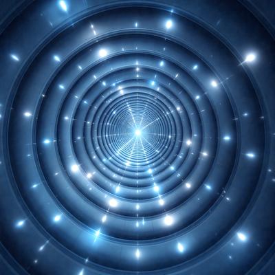 The primary subject of the image is a blue tunnel with a bright light at the end. The tunnel appears to be a futuristic space, possibly a part of a spacecraft or a high-tech facility. The setting is a dark, starry background, which adds to the overall atmosphere of the image. The visual style is a combination of digital art and illustration, creating a captivating and immersive scene. The colors and mood of the image are predominantly blue and futuristic, evoking a sense of